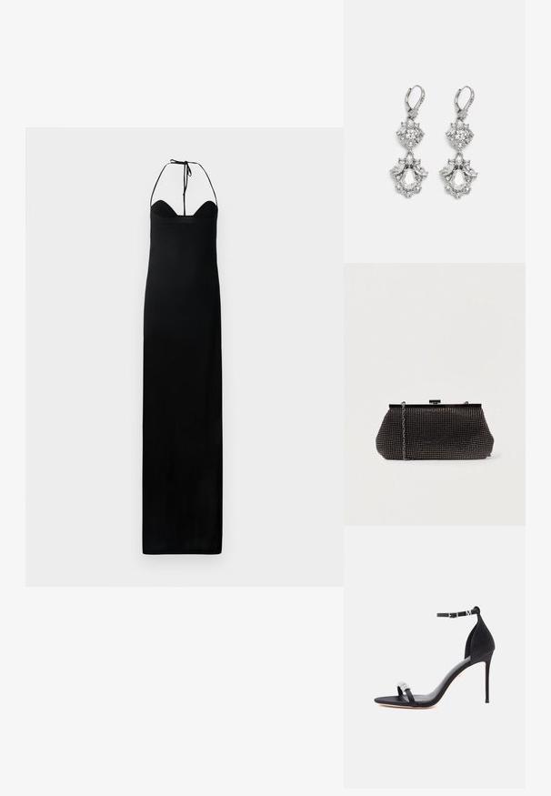 Schwarzes Maxikleid mit taillierten Oberteil, Halterneck-Bindung und einer glatten, eleganten Textur. Hat eine gerade Silhouette ohne Verzierungen.; Schwarze Satinsandalette mit hohem Absatz, dünnem Riemen, Knöchelschnalle und dekorativem Strassakzent am Zehenriemen.; Schwarze Mesh-Clutch mit strukturierter Silhouette, verziert mit kleinen metallic-nieten, besitzt einen Verschluss mit Klappe und einen abnehmbaren Kettenriemen.; Silberfarbene Ohrringe mit mehreren klaren Kristallgemmen in Tropfen- und Marquiseformen, mit Klappverschluss und kunstvollen Details.
