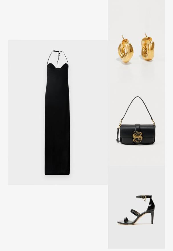 Schwarzes Maxikleid mit taillierten Oberteil, Halterneck-Bindung und einer glatten, eleganten Textur. Hat eine gerade Silhouette ohne Verzierungen.; Schwarze Lackleder-Sandale mit drei Riemen, Knöchelriemen und 10 cm hohen Stiletto-Absatz. Verfügt über goldfarbene Hardware-Details und ein Logo-Charm.; Schwarze Leder-Schultertasche mit zweifachem goldfarbenem Schlangenschloss und "Just Cavalli" Logo-Plakette auf der Frontklappe.; Fette goldene Creolen mit einem leicht verdrehten, röhrenförmigen Design und Steckverschlüssen auf einem weißen Hintergrund.