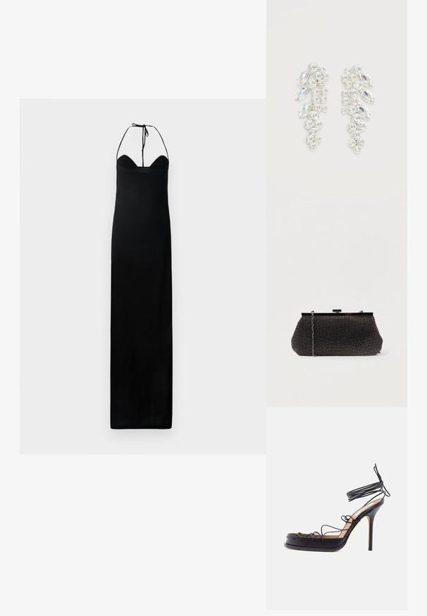 Robe maxi noire avec un corsage ajusté, des liens autour du cou en halter et une texture lisse et élégante. Présente une silhouette droite sans ornements.; Sandale noire à talon haut avec des fines lanières en cuir entourant le pied et la cheville, dotée d'un talon aigu en forme de stiletto.; Pochette noire en mesh avec une silhouette structurée, ornée de petits clous métalliques, dotée d'une fermeture à clip et d'une bandoulière en chaîne détachable.; Paire de boucles d’oreilles ton argent avec cristaux clairs taillés en grappes, en formes rondes et marquise sur fond blanc.