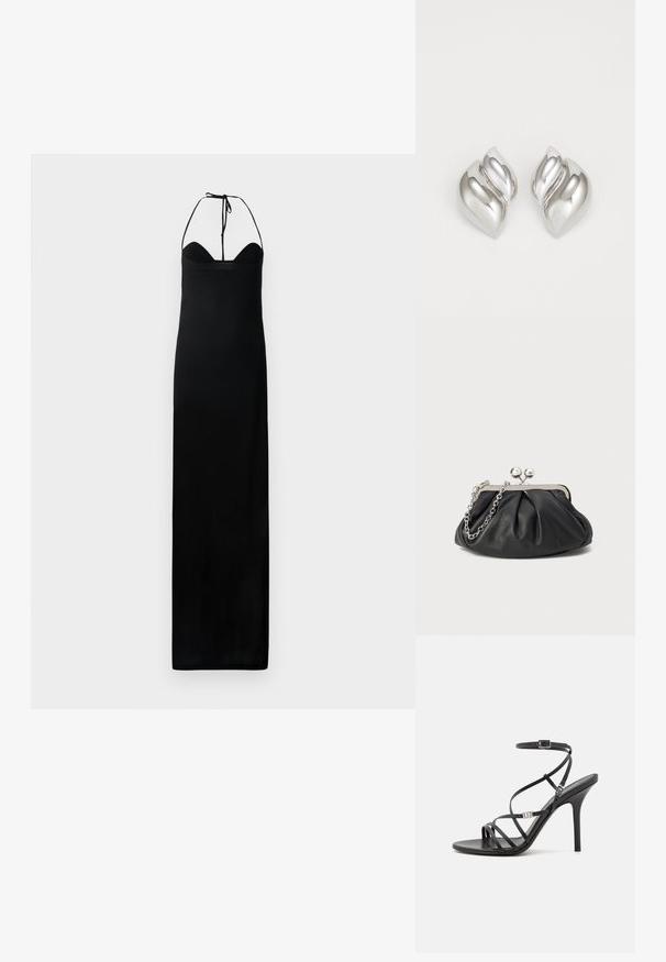 Robe maxi noire avec un corsage ajusté, des liens autour du cou en halter et une texture lisse et élégante. Présente une silhouette droite sans ornements.; Sandale noire à talons hauts avec des brides fines, une boucle à la cheville, une surface en cuir lisse et un talon aiguille élancé.; Porte-monnaie en cuir noir avec texture froncée, cadre en métal argenté, fermeture à verrouillage kiss-lock et bandoulière en chaîne. Surface lisse et douce.; Boucles d'oreilles en argent avec une forme organique et abstraite. Surface lisse et brillante avec un design effilé. Présente des courbes subtiles et un détail central en ligne.