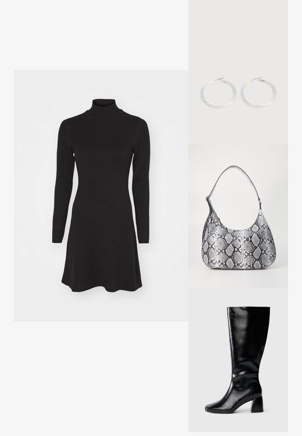 Zwarte langetermijn turtleneck jurk met een aansluitende bovenkant en een vloeiende rok. Gemaakt van een zachte, gestructureerde stof, met een gladde, effen kleur.; Zwarte leren laars tot de knie met een vierkante blokhak en een iets puntige neus, weergegeven vanaf de zijkant op een neutrale achtergrond.; Zwart-witte slangenprint schoudertas met een afgeronde vorm, een gladde textuur en een ronde strap. Voorzien van een zilveren hardwareaccent.; Een paar glanzende zilveren oorringen met dunne draadafsluitingen, getoond op een lichtgrijze achtergrond.