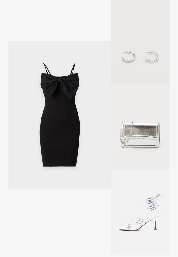 Vestido negro ajustado con un gran detalle de lazo en el escote, que presenta tirantes delgados ajustables y una textura de tela suave y elástica.; Sandalia de tacón alto plateada con tiras delgadas cruzando los dedos del pie y una envoltura en espiral alrededor del tobillo sobre un fondo blanco.; Bolso de mano metálico plateado con textura suave, cierre de solapa y cadena para el hombro. Presenta un diseño rectangular estructurado y acentos cosidos.; Pendientes de aro plateados incrustados con cristales facetados transparentes, con cierre de poste y tapones auriculares transparentes sobre un fondo blanco.