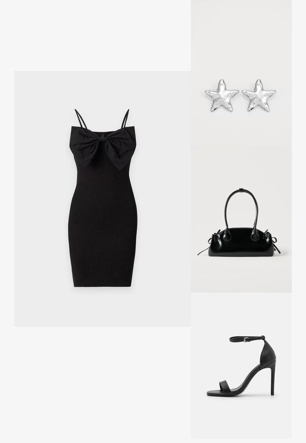 Vestido negro ajustado con un gran detalle de lazo en el escote, que presenta tirantes delgados ajustables y una textura de tela suave y elástica.; Sandalia de tacón alto negra con un diseño elegante, que cuenta con una correa en el tobillo, punta abierta y una textura de cuero suave.; Pequeño bolso negro brillante con dos asas largas y detalles de cordón lateral sobre un fondo claro liso.; Pendientes en forma de estrella plateada con una superficie pulida y brillante. Cada pendiente presenta cinco puntas y sutiles detalles de textura en la superficie.
