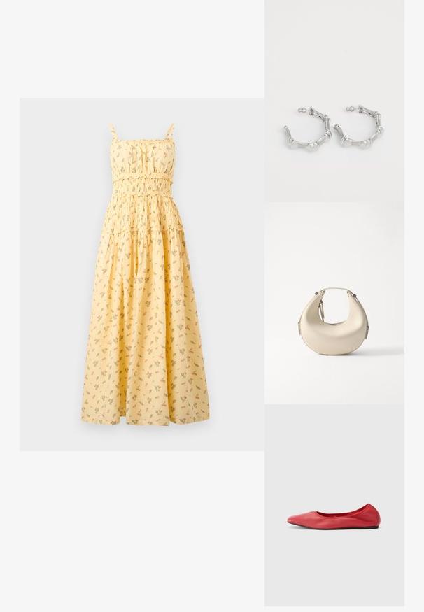 Robe maxi jaune sans manches avec imprimé floral, corsage froncé, taille à volants et fines bretelles.; Filippa K REY FLATS - Ballerines - bright red; Sac hobo avec un extérieur en cuir lisse de couleur crème, une forme arrondie et des accents matériels en argent minimalistes au niveau de la poignée.; Boucles d'oreilles en argent avec un design texturé et bosselé. Fabriquées en métal, elles disposent d'une fermeture à tige sécurisée et d'une finition polie.