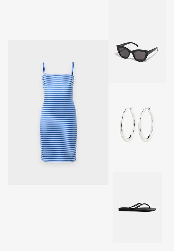 Vestido bodycon ajustado en rayas alternas de azul y azul claro, hecho de tela acanalada, con una silueta ajustada y un detalle de logo en el pecho.; Chancla negra de goma con plantilla texturizada y finas correas en forma de Y sobre un fondo blanco liso.; Gafas de sol negras en forma de ojo de gato con un acabado mate, que presentan lentes ahumados grises, ángulos pronunciados y brazos laterales elegantes. Nombre de la marca visible en el interior del brazo.; Pendientes de aro de plata con un acabado suave y brillante. Forma circular, con un cierre seguro. Diseño sencillo y elegante.