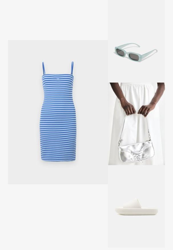 Aansluitende bodycon jurk met afwisselende blauwe en lichtblauwe strepen, gemaakt van ribbelstof, met een getailleerde silhouet en een logodetail op de borst.; Witte schommel sandaal met een gestructureerde band en een afgeronde, verhoogde zool. Het materiaal lijkt soepel en duurzaam met een subtiel patroon.; Een paar rechthoekige zonnebrillen met lichtblauwe doorzichtige monturen en donkergrijze glazen, met rechte pootjes en minimale hardwaredetails.; Zilveren metalen handtas met vetersluiting, met een strak ontwerp en een korte schouderriem. De tas wordt vastgehouden in de handen, waardoor de textuur goed tot zijn recht komt.