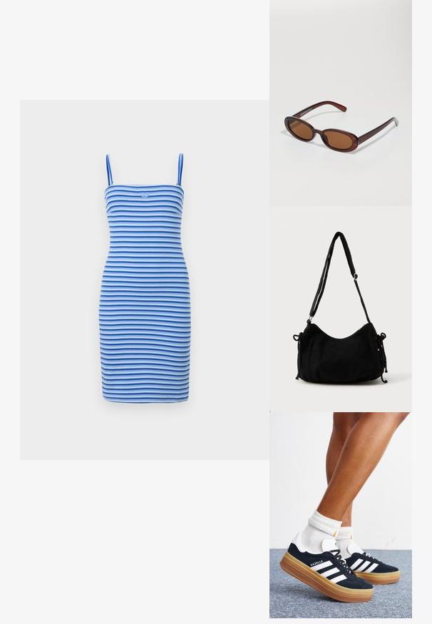 Aansluitende bodycon jurk met afwisselende blauwe en lichtblauwe strepen, gemaakt van ribbelstof, met een getailleerde silhouet en een logodetail op de borst.; Ben met witte sokken en zwarte Adidas Gazelle sneakers met witte strepen en dikke bruine zolen op een grijs tapijt.; Ronde, bruin getinte zonnebril met een glanzend bordeauxrood frame. Slanke pootjes met subtiele merkdetails. Vlakke lensontwerp.; Zwarte corduroy schoudertas met een gebogen vorm, een verstelbare schouderband en trekkoordsluitingen aan beide zijkanten voor maataanpassing.