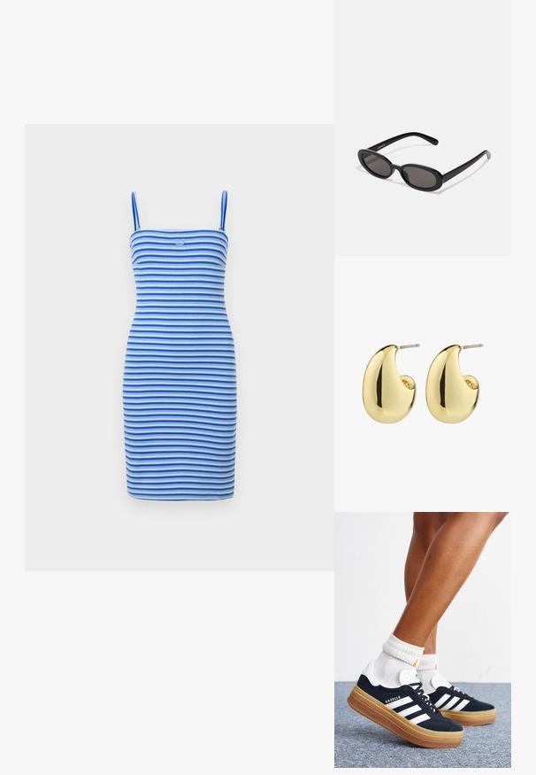Stram bodycon kjole i skiftende blå og lyseblå striber, lavet af ribbet stof, med en tætsiddende silhuet og et logodetalje på brystet.; Ben iført hvide sokker og sorte Adidas Gazelle sneakers med hvide striber og tykke brune såler på et gråt tæppe.; Even&Odd by Zalando Solbriller - black; Guldtonede studøreringe med en glat, poleret overflade i en abstrakt, tårnform. Simple metalpind til fastgørelse.