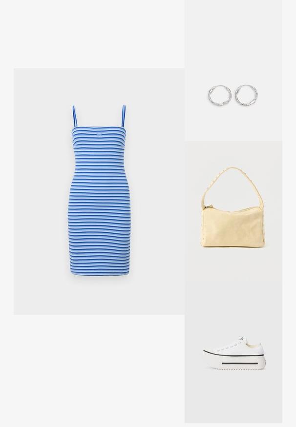 Aansluitende bodycon jurk met afwisselende blauwe en lichtblauwe strepen, gemaakt van ribbelstof, met een getailleerde silhouet en een logodetail op de borst.; Witte canvas platform sneakers met zwarte rubberen zool, ronde neuskap en metalen oogjes, met een eenvoudig, strak ontwerp.; Kleine beige leren handtas met een enkele band en zilveren studs langs de randen en band, tegen een effen achtergrond.; Zilveren hoepel oorbellen met een golvende, onregelmatige textuur. Kenmerken een dunne, ronde vorm en een reflecterende afwerking.