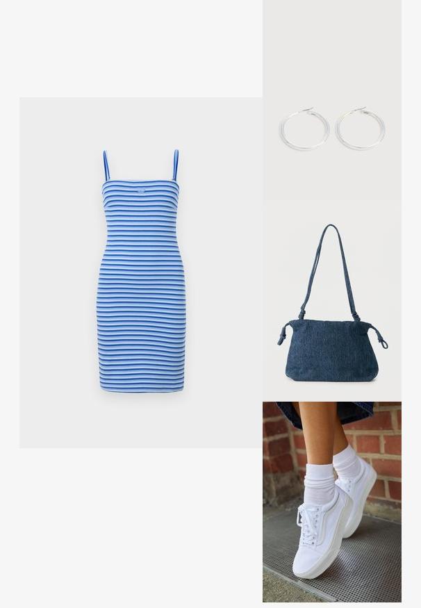 Stram bodycon kjole i skiftende blå og lyseblå striber, lavet af ribbet stof, med en tætsiddende silhuet og et logodetalje på brystet.; Hvide lærreds sneakers med gummisåler, der har seks snørehuller, rund tå og let sømdetaljer, krydret med hvide ankelstrømper.; Mørkeblå denim skuldertaske med knyttede stropender og en enkel rektangulær form mod en hvid baggrund.; Par skinnende sølvøreringe med tynde trådlåse, vist på en lys grå baggrund.