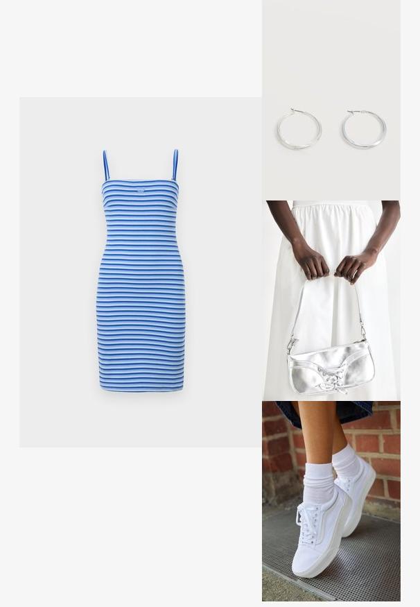 Vestido bodycon ajustado en rayas alternas de azul y azul claro, hecho de tela acanalada, con una silueta ajustada y un detalle de logo en el pecho.; Zapatillas de lona blancas con suelas de goma, que presentan seis ojales, puntera redonda y detalles de costura ligera, combinadas con calcetines blancos hasta el tobillo.; Bolso metálico plateado con detalle de cordones, que presenta un diseño elegante y una correa corta. El bolso está sostenido con las manos, mostrando su textura.; Pendientes de aro de metal plateado con superficie lisa y ligeramente curvada y cierre de tipo mosquetón sobre un fondo blanco liso.