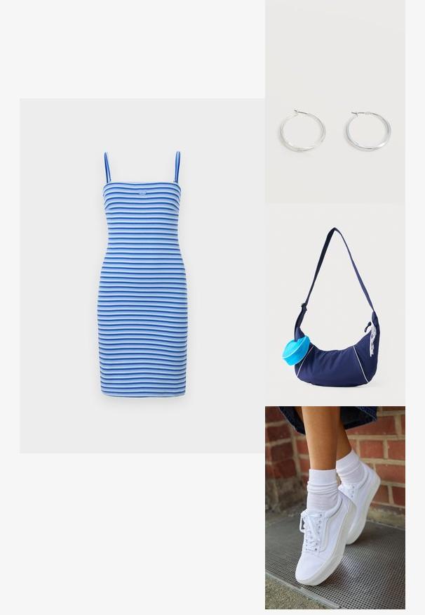 Stram bodycon kjole i skiftende blå og lyseblå striber, lavet af ribbet stof, med en tætsiddende silhuet og et logodetalje på brystet.; Hvide lærreds sneakers med gummisåler, der har seks snørehuller, rund tå og let sømdetaljer, krydret med hvide ankelstrømper.; Navyblå skuldertaske med lang rem, hvide pipingdetaljer, en lille lyseblå pung fastgjort og hvid blonderdekoration på siden.; Sølvfarvede metaloorringe med glat, let buet overflade og låsemekanisme på en ensfarvet hvid baggrund.