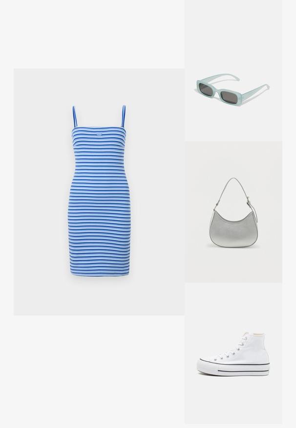 Vestido bodycon ajustado en rayas alternas de azul y azul claro, hecho de tela acanalada, con una silueta ajustada y un detalle de logo en el pecho.; Zapatillas altas blancas de material de lienzo, con suela de goma negra y una franja negra en el mediopie. Punta circular y diseño de cordones.; Un par de gafas de sol rectangulares con montura translucida azul clara y lentes gris oscuro, que cuentan con patillas rectas y detalles de hardware mínimos.; Bolso de mano de imitación cuero plateado con forma curva, correa corta ajustable y textura suave, que presenta un detalle de costura minimalista.