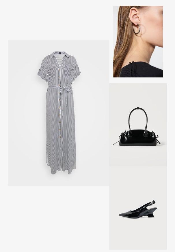 Gestreiftes Maxikleid in Blau und Weiß, kurze Ärmel, Brusttaschen, durchgehende Knopfleiste, gebundener Gürtel in der Taille, leichtes Gewebe mit glatter Textur.; Schwarzer Slingback-Schuh aus Lackleder mit spitzer Spitze und niedrigem, schrägem Blockabsatz auf einfachem hellem Hintergrund.; Kleine schwarze glänzende Handtasche mit zwei langen Griffen und seitlichen Kordelzug-Details vor einfachem hellem Hintergrund.; Silberne Creolen mit polierter Oberfläche, die kleine goldene Akzentdetails und eine runde Form aufweisen, am Ohrläppchen getragen.