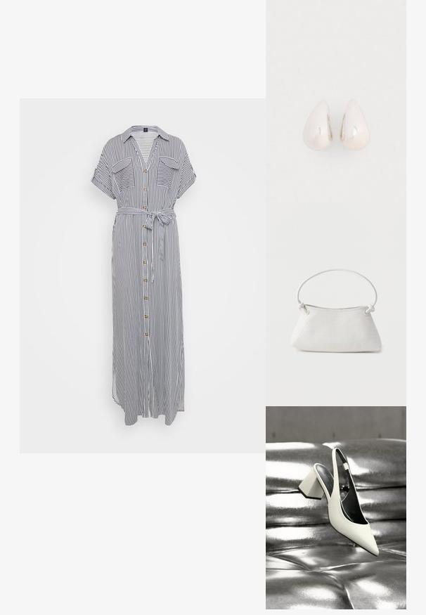 Gestreiftes Maxikleid in Blau und Weiß, kurze Ärmel, Brusttaschen, durchgehende Knopfleiste, gebundener Gürtel in der Taille, leichtes Gewebe mit glatter Textur.; Weißer Slingback High Heel Schuh mit spitzer Spitze und Blockabsatz auf einer glänzenden metallisch silbernen, gesteppte Oberfläche.; Weiße gewebte Lederhandtasche mit abgerundetem Griff und verknoteten Riemenenden, vor schlichtem Hintergrund präsentiert.; Silberne Metall-Ohrringe in Tropfenform mit einer glatten, reflektierenden Oberfläche, die ein nahtloses Design und keine sichtbaren Verzierungen aufweisen.