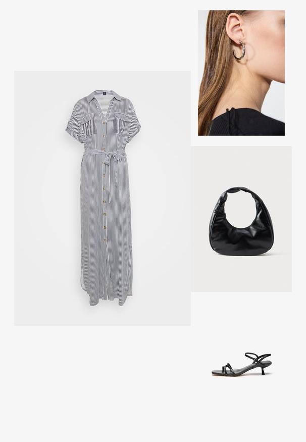 Gestreiftes Maxikleid in Blau und Weiß, kurze Ärmel, Brusttaschen, durchgehende Knopfleiste, gebundener Gürtel in der Taille, leichtes Gewebe mit glatter Textur.; Schwarze Ledersandale mit einem schlanken, minimalistischen Design. Sie verfügt über zwei dünne Riemen und einen kleinen, schrägen Absatz. Glatte Textur und offener Zehenbereich.; Schwarze Kunstleder-Handtasche mit einzigartiger Halbmondform, einem breiten, gepolsterten Henkel und einem Reißverschluss. Glatte, glänzende Textur, minimalistisches Design.; Silberne Creolen mit polierter Oberfläche, die kleine goldene Akzentdetails und eine runde Form aufweisen, am Ohrläppchen getragen.