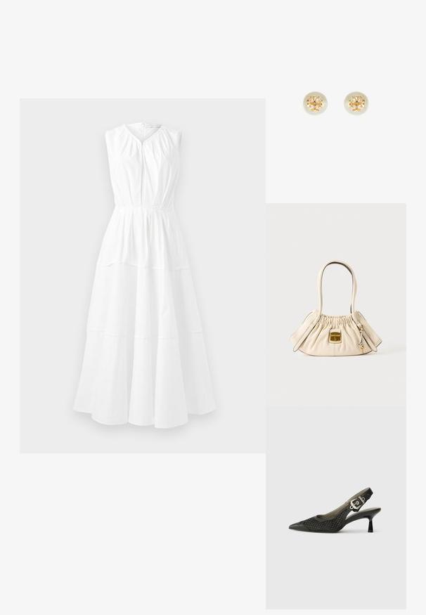 Hvid, ærmeløs kjole med rund halsudskæring, sammenkrøllet bodice og lagdelt A-linje nederdel, der har et glat, let stof.; Sort slingback sko med spids tå, vævet netstruktur og spændeaccent ved hælen. Slank, buet hæl. Glatte detaljer i læder.; Cremefarvet blødt læderhåndtaske med samlet top, to håndtag og en lille rektangulær lås i guldfarve foran.; Perle studs med guld-tonet hardware og et udskåret logo-design. Glat, rund form og blank overflade.