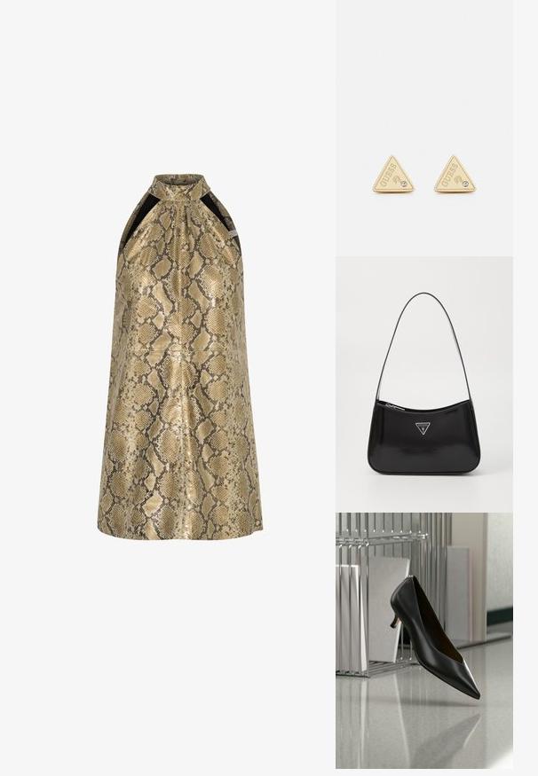 Gouden en beige slangenprint halterjurk met een hoge kraag en contrasterende zwarte zijpanelen, voorzien van een gladde, glanzende textuur.; Zwarte leren kittenheel-schoen met puntige neus zwevend boven een grijs gevlekte vloer, naast een metalen ordnerhouder met mappen.; Zwarte lakleren schoudertas met een gebogen vorm, voorzien van een zilveren driehoeklogo en een ritssluiting. Gladde textuur en slanke schouderband.; Guess PARTY - Oorbellen - gold-coloured