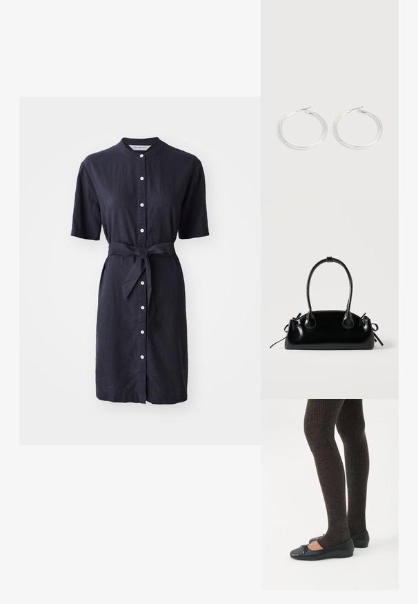 Navy linen dress with short sleeves, button front, and a tied waist belt. Features white buttons and a classic collar design.; Jalat, joissa tummat ribbineuleiset leggingsit yhdistettynä mustiin balettitossuihin, joissa on pienet rusettikoristeet valkoisella taustalla.; Pieni musta kiiltävä käsilaukku, jossa on kaksi pitkää kantokahvaa ja sivulla nyöritys yksityiskohtia yksinkertaisella vaalealla taustalla.; Pari kiiltäviä hopeisia renkaanmuotoisia korvakoruja, joissa on ohuet langan sulkimet, esillä vaaleanharmaalla taustalla.