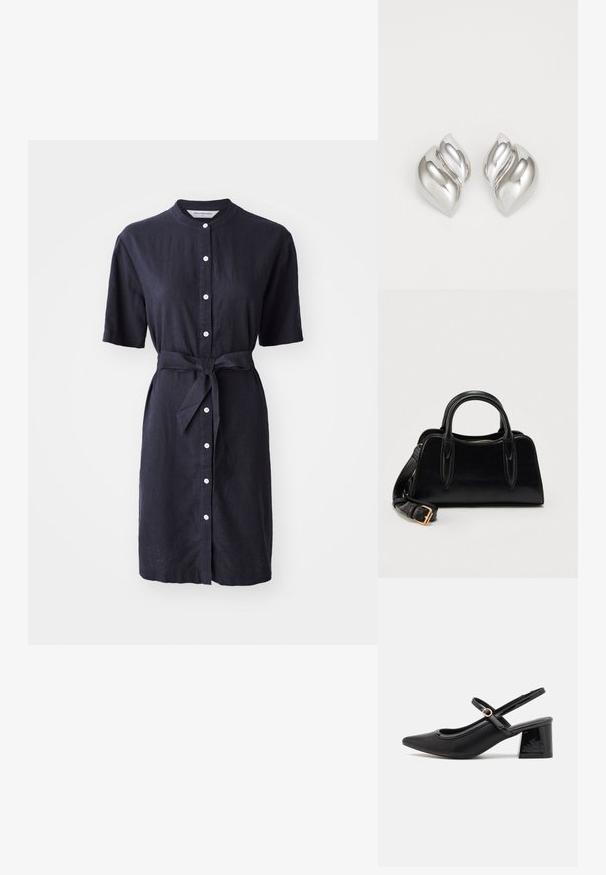 Navy linen dress with short sleeves, button front, and a tied waist belt. Features white buttons and a classic collar design.; Musta lakattu nahka slingback-korkokengät, joissa on terävä kärki, pyöreä aukko-muotoilu ja lohkokorko. Varustettu kultasävyisellä solkiyksityiskohdalla.; Musta nahkainen käsilaukku, jossa on kaksinkertaiset kahvat ja irrotettava olkahihna kultaisella soljella, valkoista taustaa vasten.; Hopeakoru, jolla on orgaaninen, abstrakti muoto. Sileä, kiiltävä pinta ja kapeneva muotoilu. Korussa on hienovaraisia kaaria ja keskeinen viivayksityiskohta.