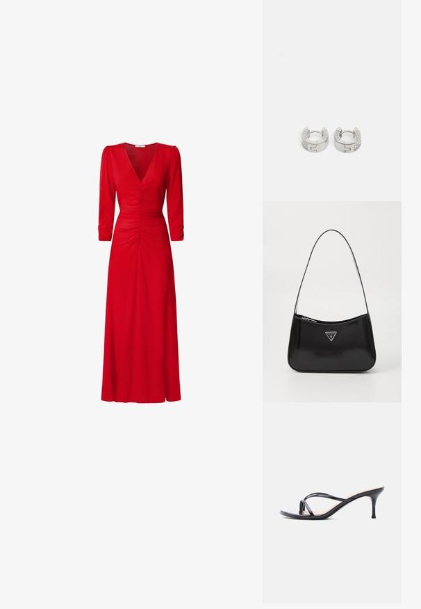 Robe rouge avec un décolleté en V, des manches trois-quarts et des détails froncés à la taille et dans le dos. Le tissu semble lisse et léger.; Sandale à talon en cuir verni noir avec fines lanières croisées et talon aiguille moyen et élancé sur fond blanc.; Sac à épaule en cuir verni noir avec une forme incurvée, présentant un logo triangle en argent et une fermeture éclair. Texture lisse et bandoulière fine.; Guess STYLISH - Boucles d'oreilles - silver-coloured