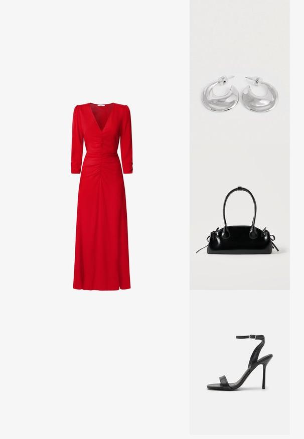 Vestido rojo con escote en V, mangas tres cuartos y detalles fruncidos en la cintura y la espalda. La tela parece suave y ligera.; Sandalia negra de tacón alto con una correa delgada en el tobillo y dos bandas en la parte frontal. Hecha de cuero suave con una punta afilada y tacón de aguja.; Pequeño bolso negro brillante con dos asas largas y detalles de cordón lateral sobre un fondo claro liso.; Un par de pendientes de aro en forma de media luna pulidos en plata, con respaldos de plástico transparente, sobre una superficie blanca.