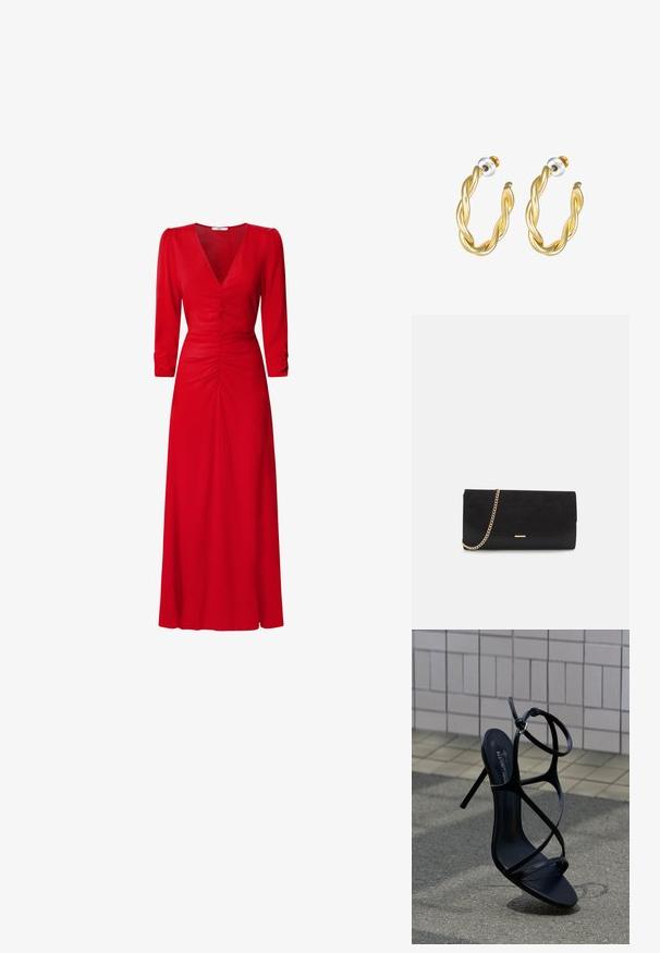 Robe rouge avec un décolleté en V, des manches trois-quarts et des détails froncés à la taille et dans le dos. Le tissu semble lisse et léger.; Sandale noire à talon haut avec fines lanières et boucle à la cheville, positionnée debout sur un trottoir gris près d'un mur carrelé en arrière-plan.; Porte-monnaie noir en daim avec une finition texturée, doté d'une chaîne dorée et d'un design épuré et angulaire.; Boucles d'oreilles créoles dorées torsadées avec une surface lisse, présentant un dos transparent et une quincaillerie dorée.