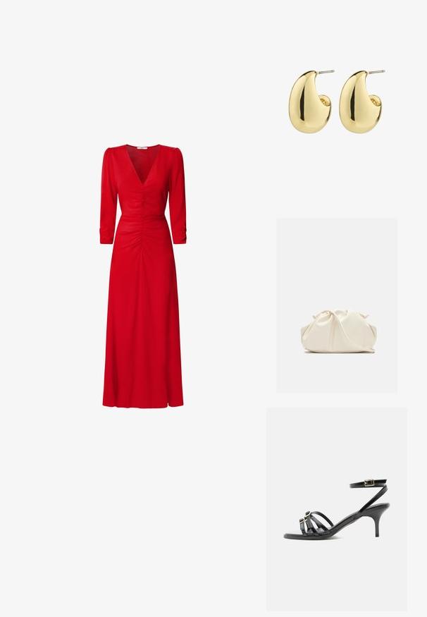 Vestido rojo con escote en V, mangas tres cuartos y detalles fruncidos en la cintura y la espalda. La tela parece suave y ligera.; Sandalia negra de cuero con tiras, tacón kitten, puntera cuadrada, dos hebillas delanteras y una correa en el tobillo con cierre de hebilla dorada.; Bolso de mano de cuero suave de color crema con diseño fruncido y plisado y una delgada correa para el hombro que descansa delante sobre un fondo liso.; Pendientes de stud en tono dorado con una superficie suave y pulida, que presentan una forma abstracta en forma de lágrima. Hardware de metal simple para la sujeción.