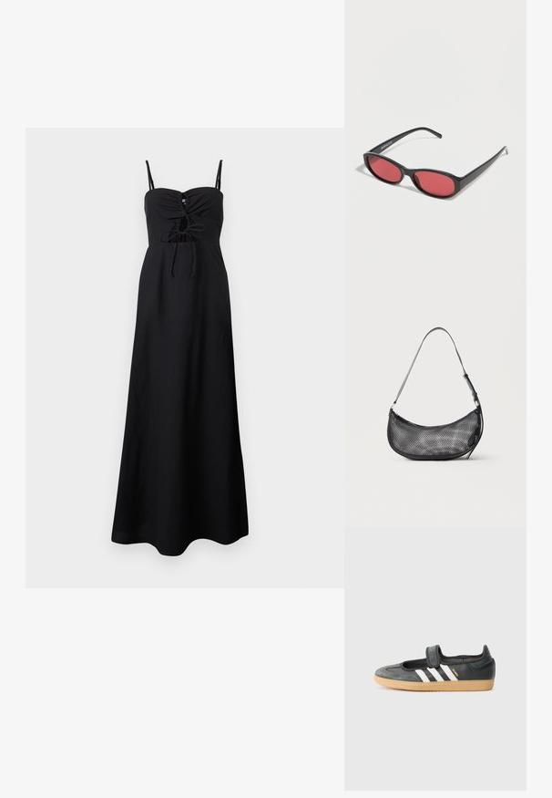 Robe maxi noire sans manches avec fines bretelles, bustier froncé et détail noué devant à la taille.; Sneaker en cuir noir et suède avec une sangle Velcro, arborant trois bandes blanches et une semelle en caoutchouc, étiqueté "SAMBA" sur le côté.; Lunettes de soleil ovales noires avec des branches fines et des verres teintés rouges posées sur une surface blanche.; Petit sac d'épaule noir en mesh en forme de croissant avec une lanière fine réglable, sur un fond clair uni.