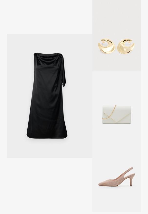 Robe en satin noir avec une coupe décontractée, un décolleté drapé et un détail de nouage sur le côté. Texture lisse et design à mi-mollet.; Escarpin à talon aiguille en daim beige doux, à bout pointu, talon élancé et bride de cheville réglable avec boucle ronde.; Call it Spring QWEENBEE - Sac bandoulière - white; Une paire de boucles d'oreilles en forme de croissant dorées et brillantes, avec des supports en plastique transparent, sur une surface gris clair.