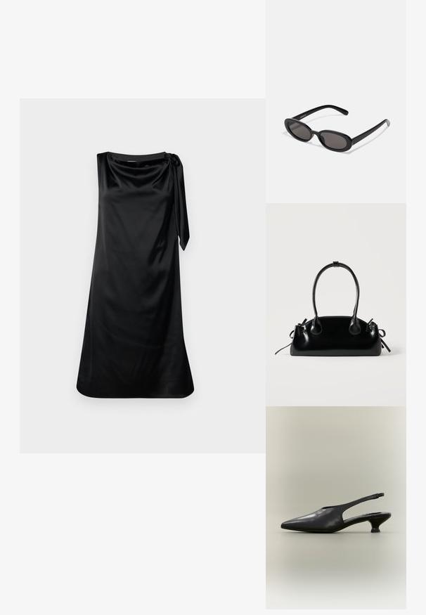Vestido de satén negro con un corte relajado, escote drapeado y detalle de lazo lateral. Textura suave y diseño hasta la rodilla.; Zapato slingback de cuero negro con punta afilada y tacón bajo tipo kitten sobre fondo neutro.; Even&Odd Gafas de sol - black; Pequeño bolso negro brillante con dos asas largas y detalles de cordón lateral sobre un fondo claro liso.