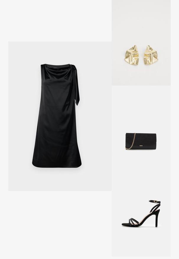 Robe en satin noir avec une coupe décontractée, un décolleté drapé et un détail de nouage sur le côté. Texture lisse et design à mi-mollet.; Anna Field by Zalando Sandales - black; Porte-monnaie noir en daim avec une finition texturée, doté d'une chaîne dorée et d'un design épuré et angulaire.; Boucles d'oreilles en métal doré avec un design ondulé ; surface lisse et réfléchissante ; forme asymétrique ; sans motifs ni éléments visibles.