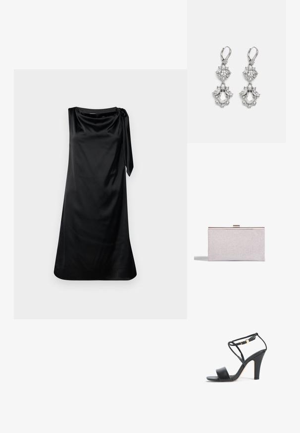 Vestido de satén negro con un corte relajado, escote drapeado y detalle de lazo lateral. Textura suave y diseño hasta la rodilla.; Sandalia de tacón alto negra con tira fina en el tobillo, hebilla dorada, punta abierta y tacón ancho, vista lateral sobre fondo blanco.; Clutch plateado brillante con forma rectangular elegante, cierre de metal y textura suave. Diseño minimalista.; Pendientes de tono plateado que presentan múltiples piedras de cristal transparente en formas de lágrima y marquesa, con cierres de palanca y un detallado intrincado.
