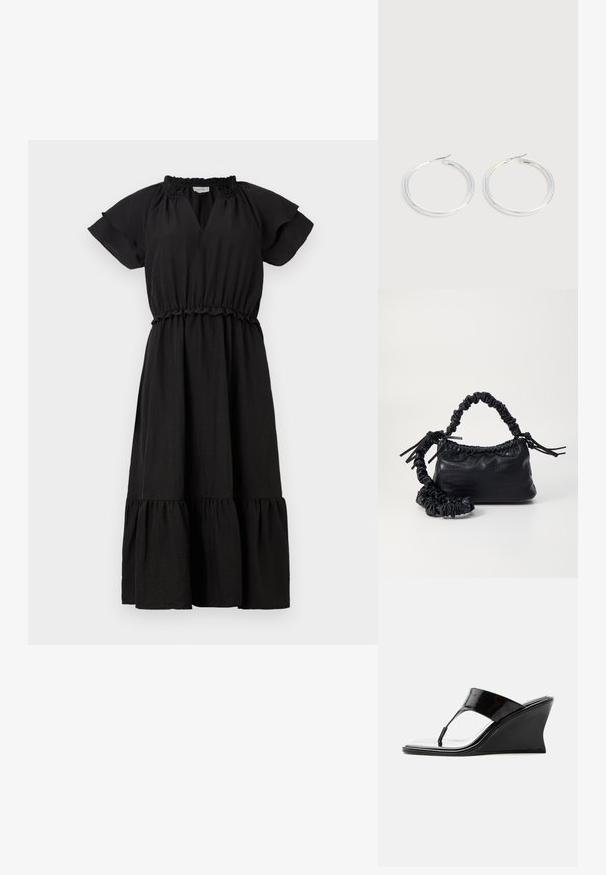 Schwarzes Kleid mit kurzen, schwingenden Ärmeln, einem V-Ausschnitt, einem elastischen Taillenbund und einem schichtartigen, gerüschten Rock. Hergestellt aus leichtem Stoff.; Schwarze Keilsandale aus Lackleder mit Zehensteg und quadratischer Spitze, schlankes modernes Design von der Seite vor weißem Hintergrund.; Schwarze Handtasche aus Kunstleder mit Krokodilstruktur, gerafftem oberen Teil und einem geschoppten Tragegurt. Sie wirkt weich und kompakt im Design.; Paar glänzende silberne Creolen mit dünnen Drahtverschlüssen, dargestellt vor einem hellgrauen Hintergrund.