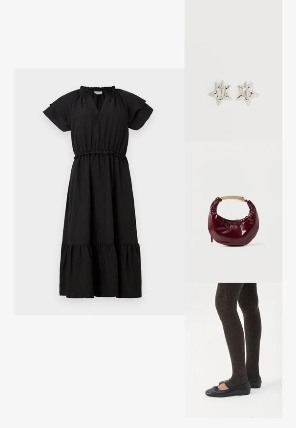 Robe noire avec des manches courtes et délicates, un décolleté en V, une taille élastique et une jupe à volants en couches. Fabriquée en tissu léger.; Jambes portant des leggings côtelés foncés associés à des ballerines noires avec de petits détails en nœud sur fond blanc.; Sac à main en simili cuir bordeaux avec une forme arrondie, des détails froncés et une anse en métal doré. Texture lisse et finition brillante.; Boucles d’oreilles créoles en forme d’étoile argentée avec une finition lisse et polie sur un fond blanc uni.