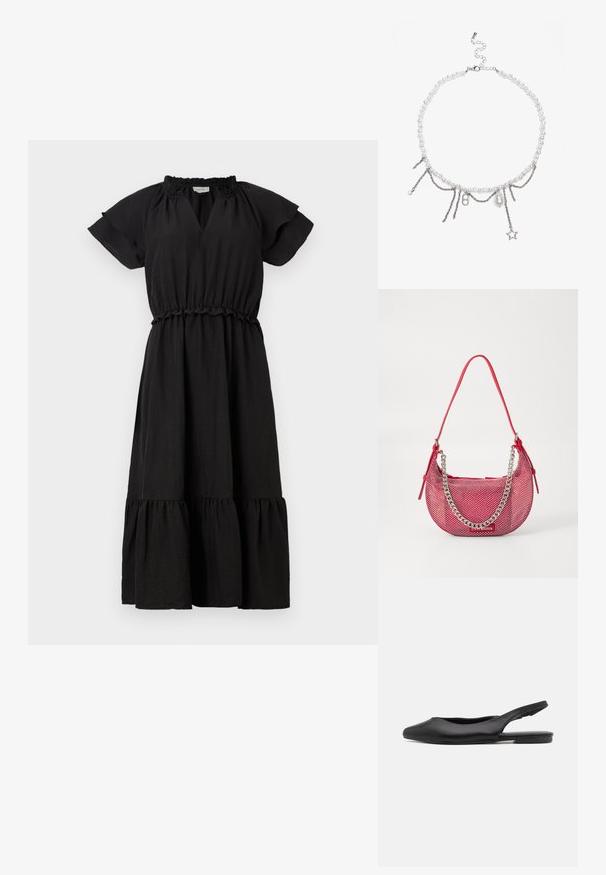 Zwarte jurk met korte, fladderende mouwen, een V-hals, een elastische tailleband en een gelaagde, gerimpelde rok. Gemaakt van lichtgewicht stof.; Zwarte leren slingback schoen met een spitse neus, platte hak en gebogen uitsnijdingen. Glad textuur en minimalistische stijl.; Rode geperforeerde handtas met een gebogen vorm, voorzien van een zilveren kettingaccent en een bijpassende schouderriem. Logo weergegeven aan de voorkant.; Witte parelketting met zilverkleurige metalen kettingen en bedels, waaronder een druppelvormige parel en een sterpendant, met een kreeftsluiting.