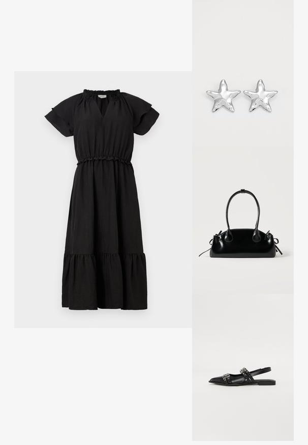 Robe noire avec des manches courtes et délicates, un décolleté en V, une taille élastique et une jupe à volants en couches. Fabriquée en tissu léger.; Even&Odd Ballerines à brides arrière - black; Petit sac à main noir brillant avec deux longues anses et des détails à cordon sur les côtés sur un fond clair uni.; Boucles d'oreilles argentées en forme d'étoile, avec une surface lisse et brillante. Chaque boucle d'oreille possède cinq pointes et des détails subtils de texture de surface.