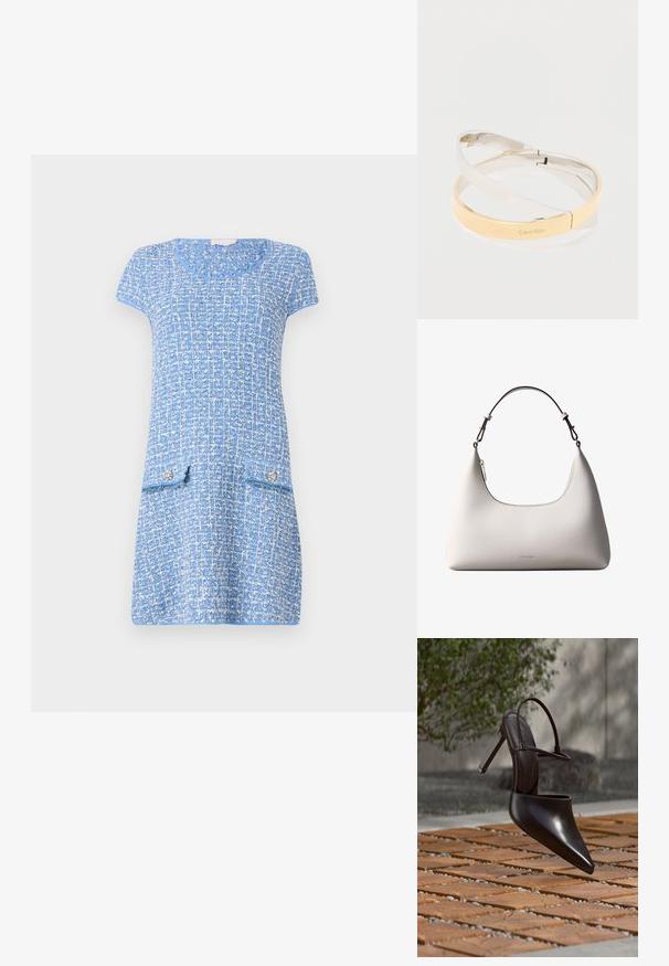 Robe bleu clair avec un motif texturé, manches courtes, col rond et deux poches avant avec des boutons décoratifs.; Mule noire brillante à talons hauts avec bout pointu et bride à la cheville, suspendue au-dessus d'une surface carrelée en terre cuite avec des interstices remplis de gravier.; Sac à bandoulière en cuir couleur crème de Calvin Klein avec bord supérieur incurvé, fermeture éclair argentée et sangle ajustable brun foncé.; Bracelets en métal poli entrelacés en tons argent et or, l'un gravé du logo "Calvin Klein", sur un fond blanc.