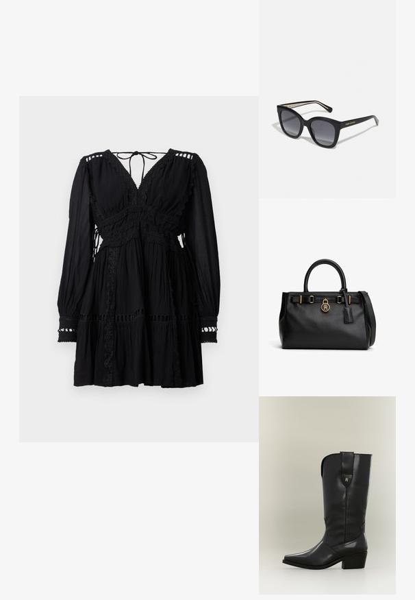 Mini vestido negro de manga larga con escote en V, ribete de encaje, tejido fruncido y cierre con lazo en la parte posterior del cuello.; Bota cowboy alta de cuero negro con punta puntiaguda, tacón grueso y lengüeta con un pequeño logo dorado.; Gafas de sol cuadradas de gran tamaño en color negro con lentes oscuros degradados y logo dorado de "Tommy Hilfiger" en las patillas.; Bolso de cuero negro texturizado con asas dobles, una correa para el hombro y un pequeño adorno redondo dorado con el logo en el frente.