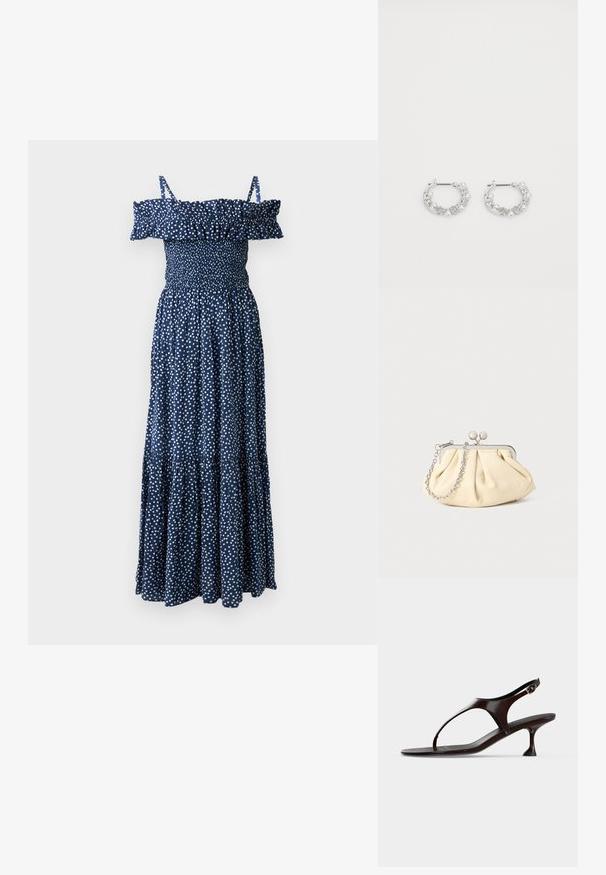 Navy blauwe maxi jurk met witte stippen, off-shoulder ruffle halslijn, gerimpelde bodice en een gelaagd rok ontwerp.; Donkerbruine lakleren slingbacksandaal met kittenheel en teenbandje op witte achtergrond.; Geplooide beige leren clutch met een zilveren metalen frame, voorzien van twee ronde decoratieve sluitingen en een zilveren kettingriem.; Zilveren oorringen met parel- en kristalaccenten, met een gestructureerd oppervlak en een veilige postsluiting.