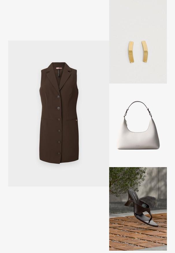 Bruine mouwloze vest met een getailleerd ontwerp, uitgesneden revers en zes knoopsluitingen. Bevat twee voorzakken en heeft een zachte textuur.; Bruine Calvin Klein teenslipper met hak, hangend boven houten tegels en grind op een buitenvloer met een vage achtergrond van groen en stenen.; Romige Calvin Klein leren schoudertas met gebogen bovenrand, zilveren rits en donkerbruine verstelbare riem.; Gouden metalen oorbellen met een gebogen, langwerpig ontwerp. Het oppervlak is glad en gepolijst, met een minimalistische stijl.