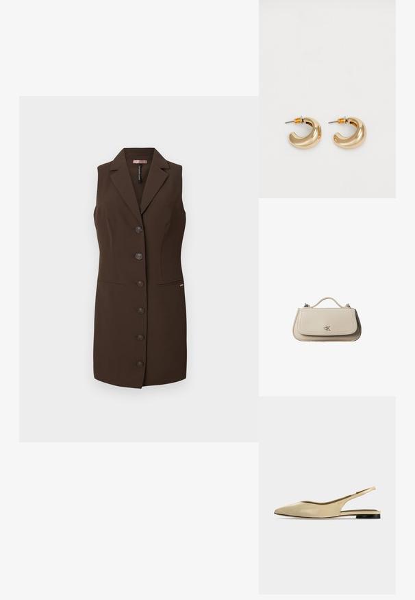 Brun ærmeløs vest med en tætsiddende design, skrå krave og seks knaplukninger. Har to forreste lommer og en glat tekstur.; Beige spids tå slingback flad sko med lav sort hæl og en glat læderfinish, vist fra siden på en ensfarvet baggrund.; Lille beige læderhåndtaske med top håndtag og sølv CK-logo på frontklap, vist mod en hvid baggrund.; To skinnende guldøreringe i et buet design med orange accenter nær stikket, sat mod en enkel hvid baggrund.