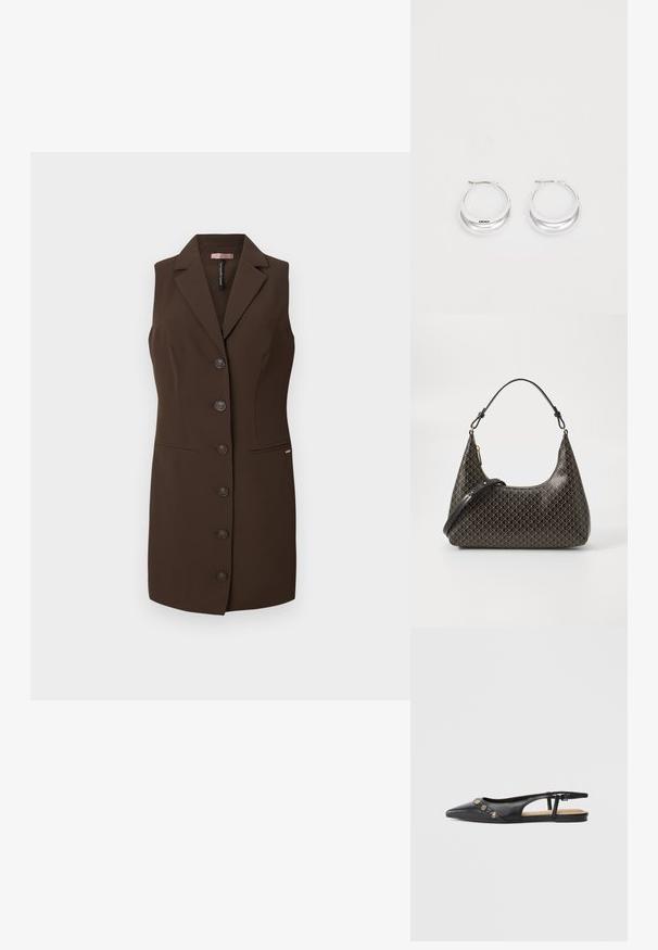 Chaleco sin mangas marrón con un diseño ajustado, solapa de muesca y seis botones. Cuenta con dos bolsillos frontales y una textura suave.; Zapato plano con punta puntiaguda, de cuero negro, con tiras traseras y adornos decorativos dorados en la parte superior, y una pequeña hebilla en el talón.; Bolso de hombro de cuero negro con un patrón geométrico beige repetido, cierre dorado y dos correas ajustables sobre un fondo blanco.; Pendientes de aro de plata con un acabado pulido y la marca DKNY, exhibidos sobre un fondo blanco liso.