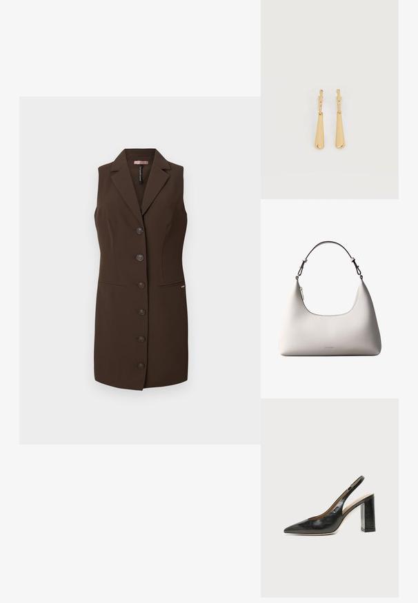 Brauner ärmelloser Weste mit tailliertem Schnitt, Reverskragen und sechs Knopfverschlüssen. Verfügt über zwei Fronttaschen und eine glatte Textur.; Schwarzer Leder-Slingback-Schuh mit spitzer Kappe, hohem Blockabsatz und beigegefüttertem Innenraum vor hellem, einfarbigem Hintergrund.; Cremefarbene Calvin Klein Lederschultertasche mit gebogener Oberkante, silbernem Reißverschluss und dunkelbraunem verstellbarem Riemen.; Ohrhänger in Gold-Ton mit glatten, länglichen Tropfenanhängern, die an kleinen Creolenverschlüssen hängen, auf weißem Hintergrund.
