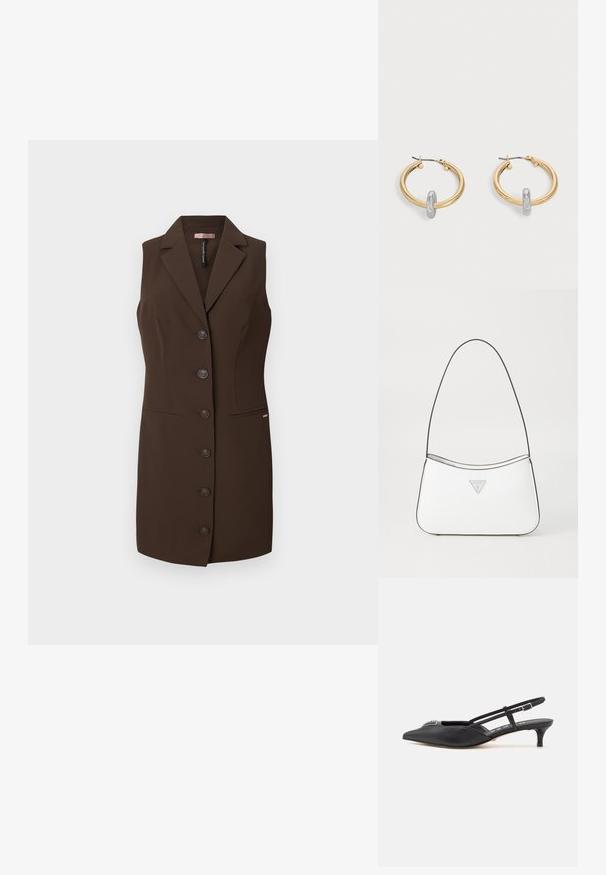 Bruine mouwloze vest met een getailleerd ontwerp, uitgesneden revers en zes knoopsluitingen. Bevat twee voorzakken en heeft een zachte textuur.; Zwarte slingback schoenen met een puntige neus, gemaakt van glad materiaal, met een kleine hak en een decoratieve zilverkleurige accent op de wreef.; Witte handtas met een slank, gebogen ontwerp, voorzien van een dunne zwarte schouderband en een zilveren driehoekig logo-accent. Gladde textuur en minimale detailing.; Paar goudkleurige creolen met kleine zilverkleurige lusdetail op elk, weergegeven tegen een lichtgrijze achtergrond.