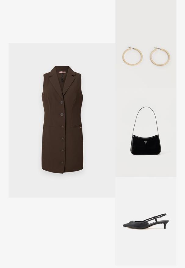 Bruine mouwloze vest met een getailleerd ontwerp, uitgesneden revers en zes knoopsluitingen. Bevat twee voorzakken en heeft een zachte textuur.; Zwarte slingback schoenen met een puntige neus, gemaakt van glad materiaal, met een kleine hak en een decoratieve zilverkleurige accent op de wreef.; Zwarte schoudertas van lakleer met een smalle band, driehoekig Guess-logo aan de voorkant en een ritssluiting bovenaan.; Een paar gladde goudkleurige middelgrote creooloorbellen met scharniersluitingen op een effen lichte achtergrond.