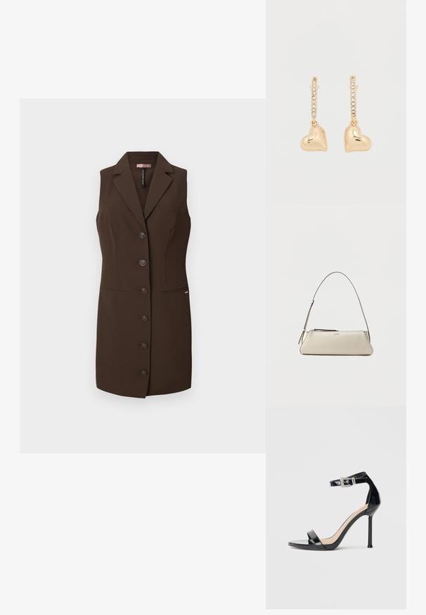 Chaleco sin mangas marrón con un diseño ajustado, solapa de muesca y seis botones. Cuenta con dos bolsillos frontales y una textura suave.; Sandalia de tacón alto en piel sintética negra con correa en el tobillo. Presenta un diseño minimalista, punta abierta y una hebilla con detalles de pedrería.; Pequeño bolso de hombro de cuero beige con una correa fina y cierre de cremallera, con un logo metálico discreto en el centro del frente.; Pendientes de oro con colgantes en forma de corazón, acentuados por una fila de pequeños pedrería en el aro. Superficie reflectante y lisa.