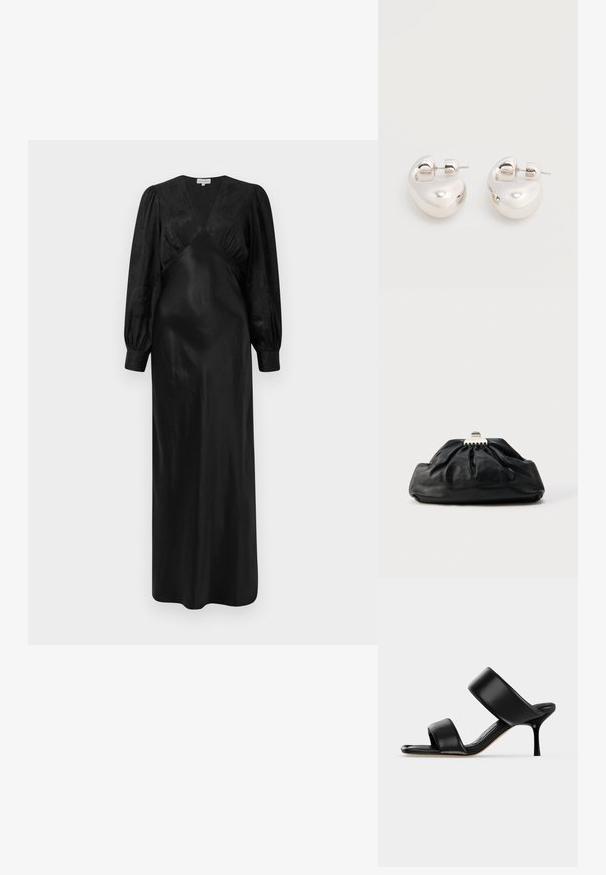 Sort satin maxi-kjole med lange pufærmer og en dyb V-hals med samlede frontdetaljer, der fremviser en glat tekstur og en elegant silhuet.; Sort læder mule sandal med to brede remme og en slank mellemhøj stiletthæl på en ensartet lys baggrund.; Sort læderclutch med en samlet tekstur, metal lukning og diskret præget logo på forsiden. Rundet form.; Par af skinnende sølv store øreringe med lukning på bagsiden mod en ensfarvet hvid baggrund.