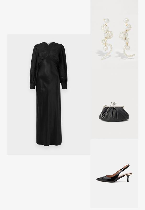 Sort satin maxi-kjole med lange pufærmer og en dyb V-hals med samlede frontdetaljer, der fremviser en glat tekstur og en elegant silhuet.; Sort laklæder slingback pumpe med spids tå og lav kitten hæl på en ens hvid baggrund.; Sort læder clutch med samlet tekstur, sølvfarvet metalramme, kys-lås lukning og kædestrop. Glat, blød overflade.; Hvide perleøreringe med et snoet design, der har varierende størrelser af perler og guld accenter. Glat overflade og elegant form.