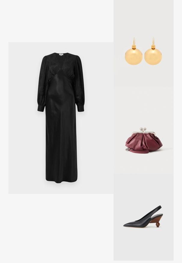 Zwarte satijnen maxi-jurk met lange pofmouwen en een diepe V-hals met geplooide voorkant, die een gladde textuur en een elegante silhouet benadrukt.; Zwarte slingback schoen met een puntige neus, een houten blokhak met afgeronde hoeken en een bovenwerk van glad leer, op een lichtgrijze achtergrond.; Kleine bordeauxrode leren clutch met zilveren metalen gesp en polsriem op een witte achtergrond.; Een paar glanzende gouden kerstbal-oorbellen met haaksluitingen op een effen witte achtergrond.